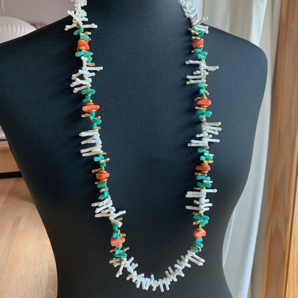 Signed Miriam Haskell White Pink Branch Coral Turquoise Gold Bead Necklace 37.5" - Picture 1 of 5